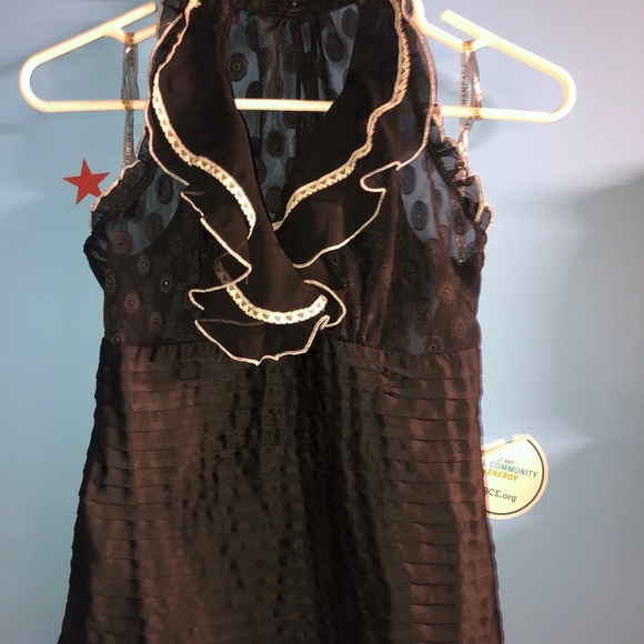 Black see through blouse w/ ruffle in front satin - Picture 2 of 5